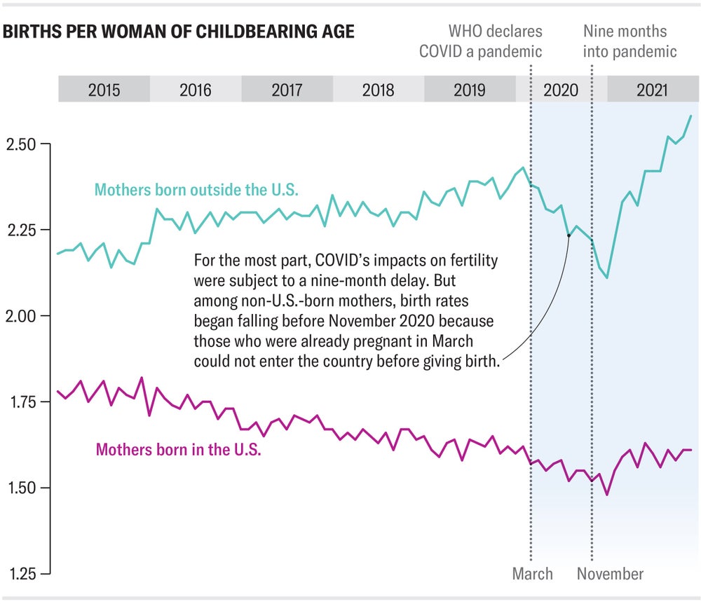 A line chart compares total monthly fertility rates for mothers born in and outside the U.S. from 2015 through 2021, with rates falling more dramatically among non-U.S.-born mothers during the pandemic.