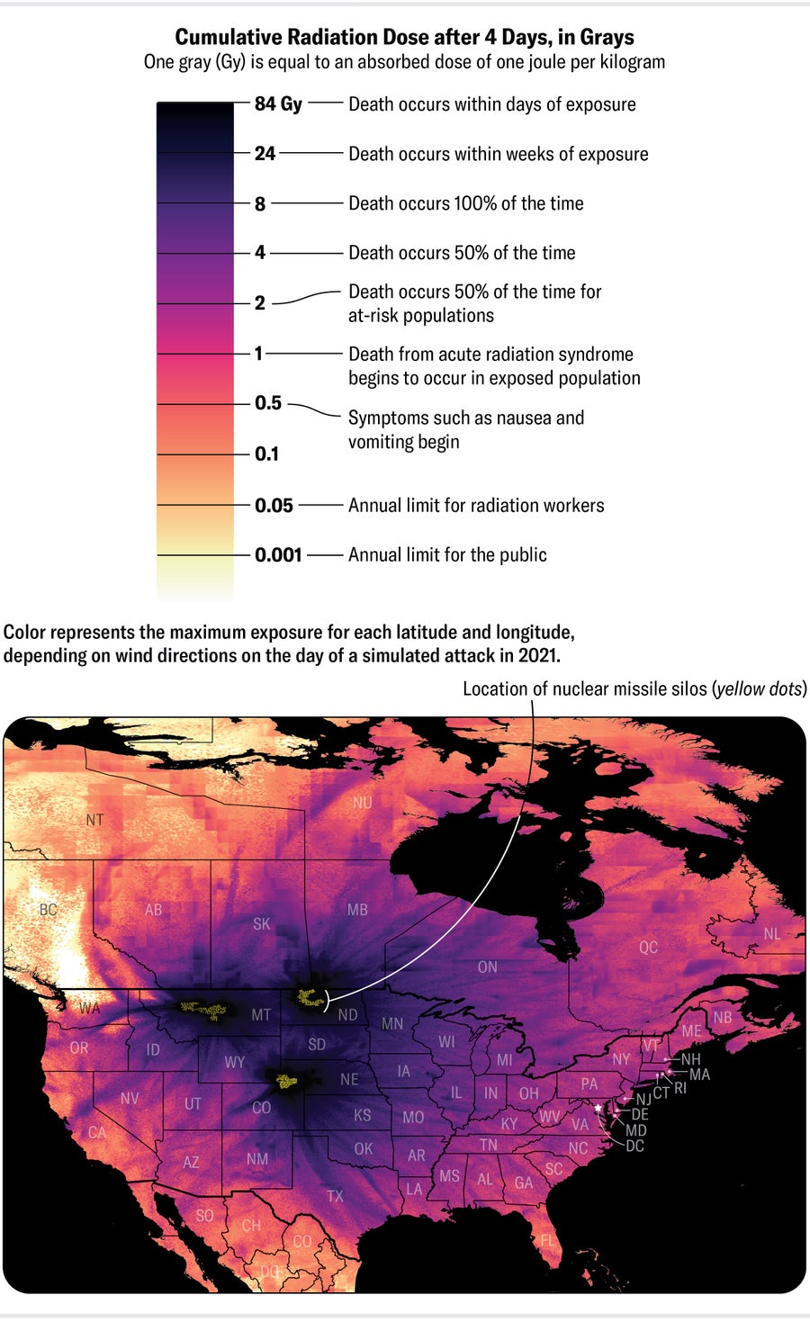 A map shows fallout of attacks on nuclear missile silos in the American West and Midwest. Color indicates the worst-case scenario for each latitude and longitude, based on simulations for each day of 2021.