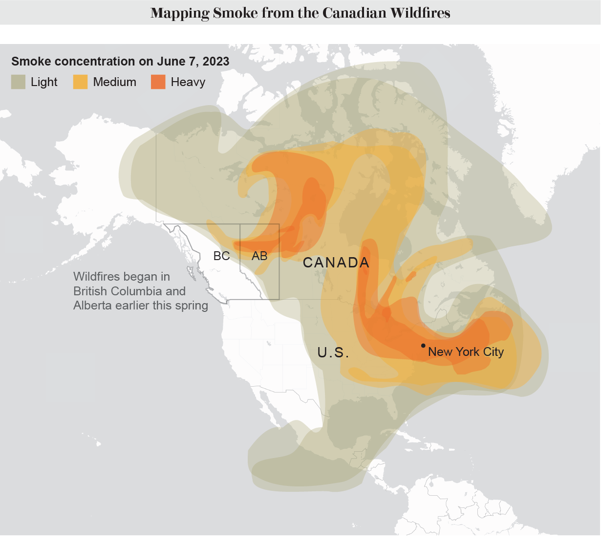 Map shows extent and concentration of smoke over North America on June 7, 2023.