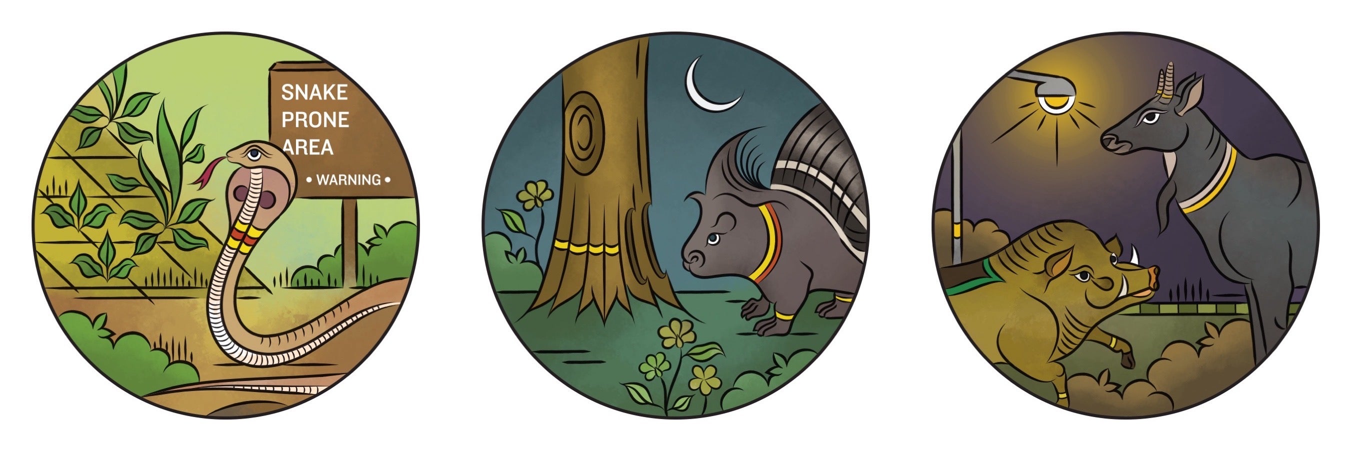 Drawings of animals in folk art style, such as cobra, hedgehog, boar and nilgai.