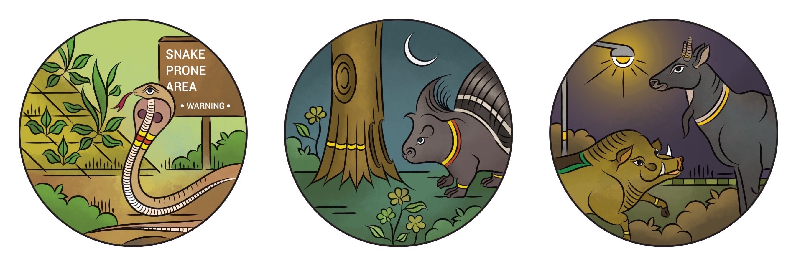 Illustrations of folk art style animals including a cobra, porcupine, wild boar and nilgai.