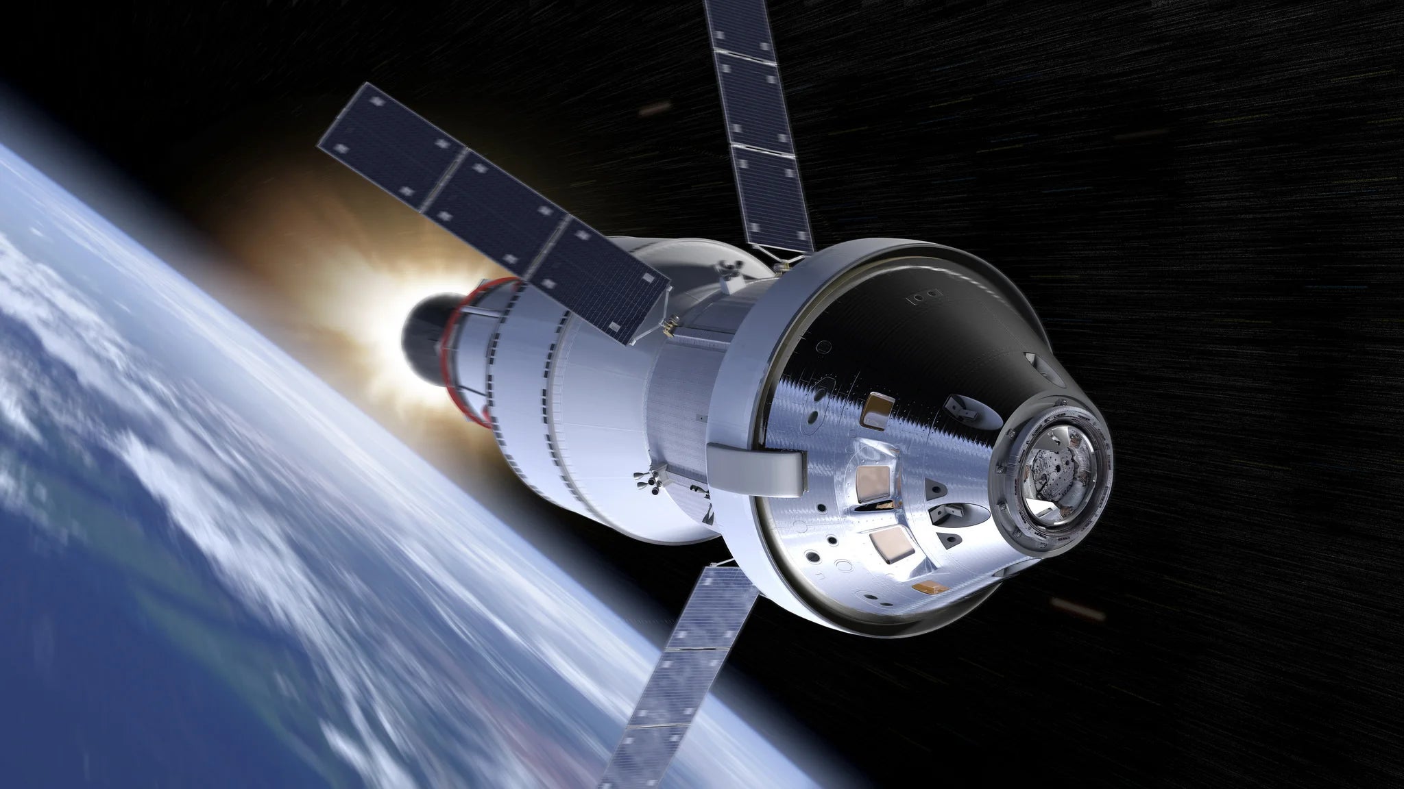 An uncrewed Orion spacecraft soaring away from Earth