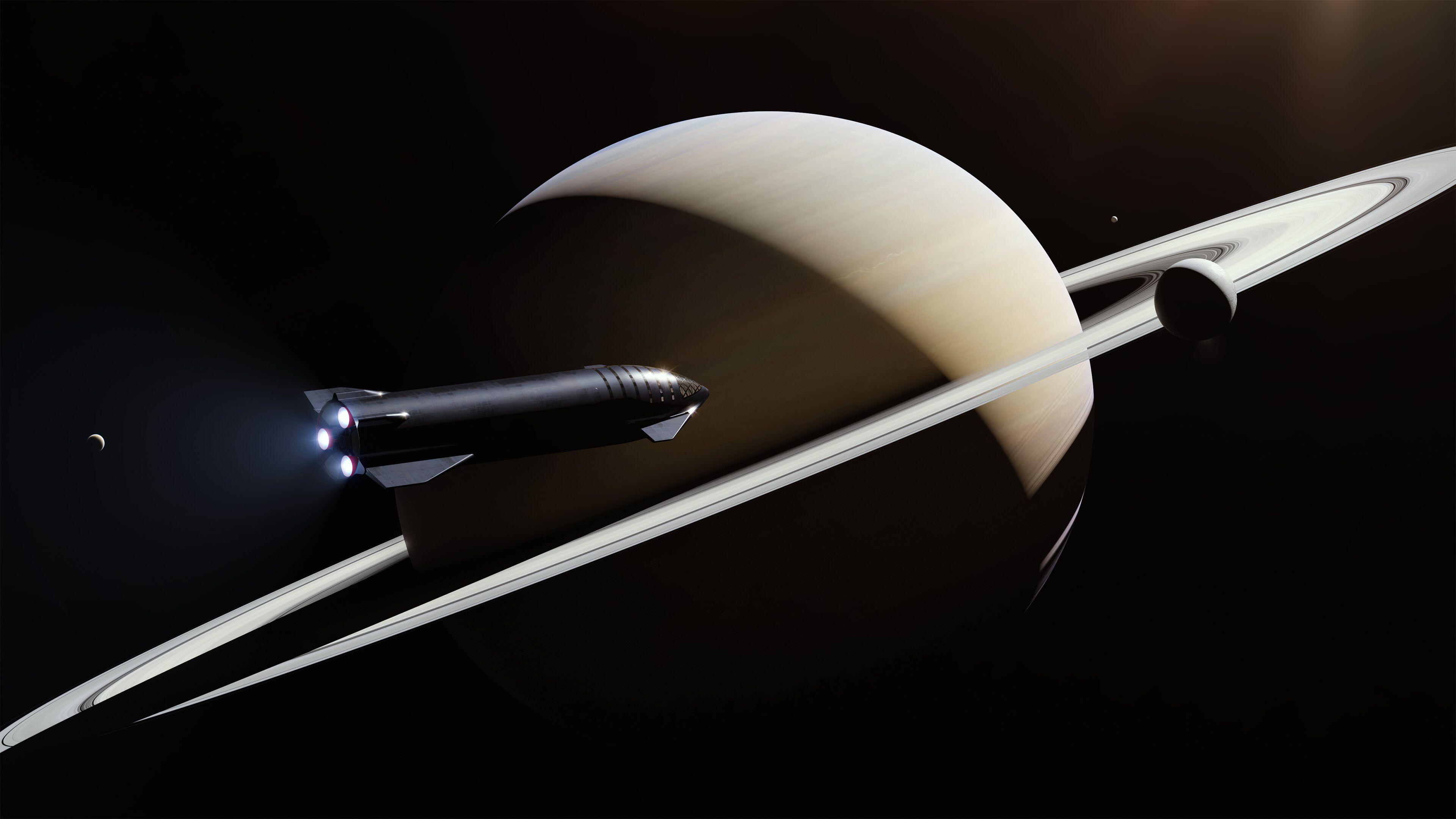 An illustration of a SpaceX Starship approaching the planet Saturn.