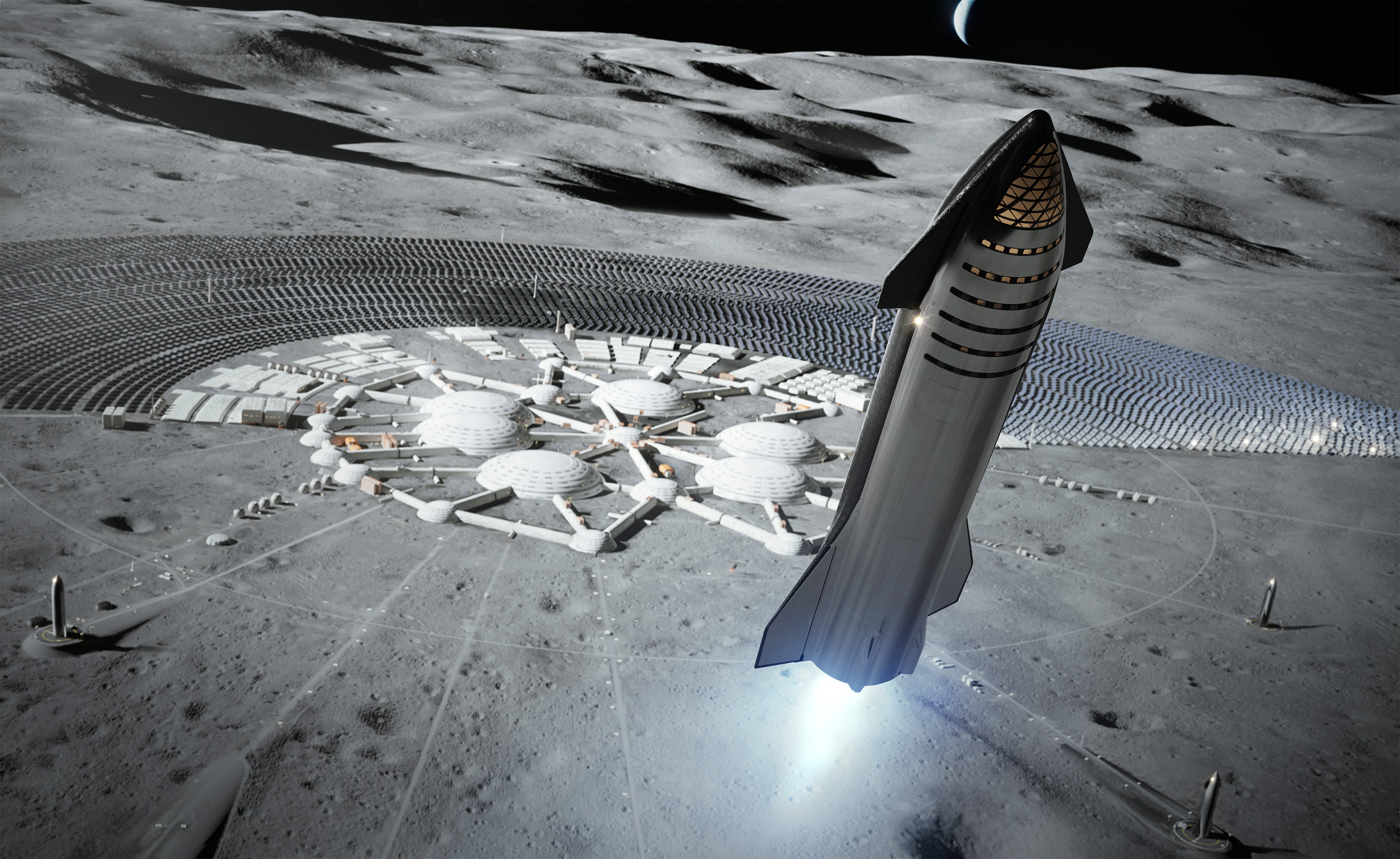 An illustration of a SpaceX Starship over a notional lunar outpost.