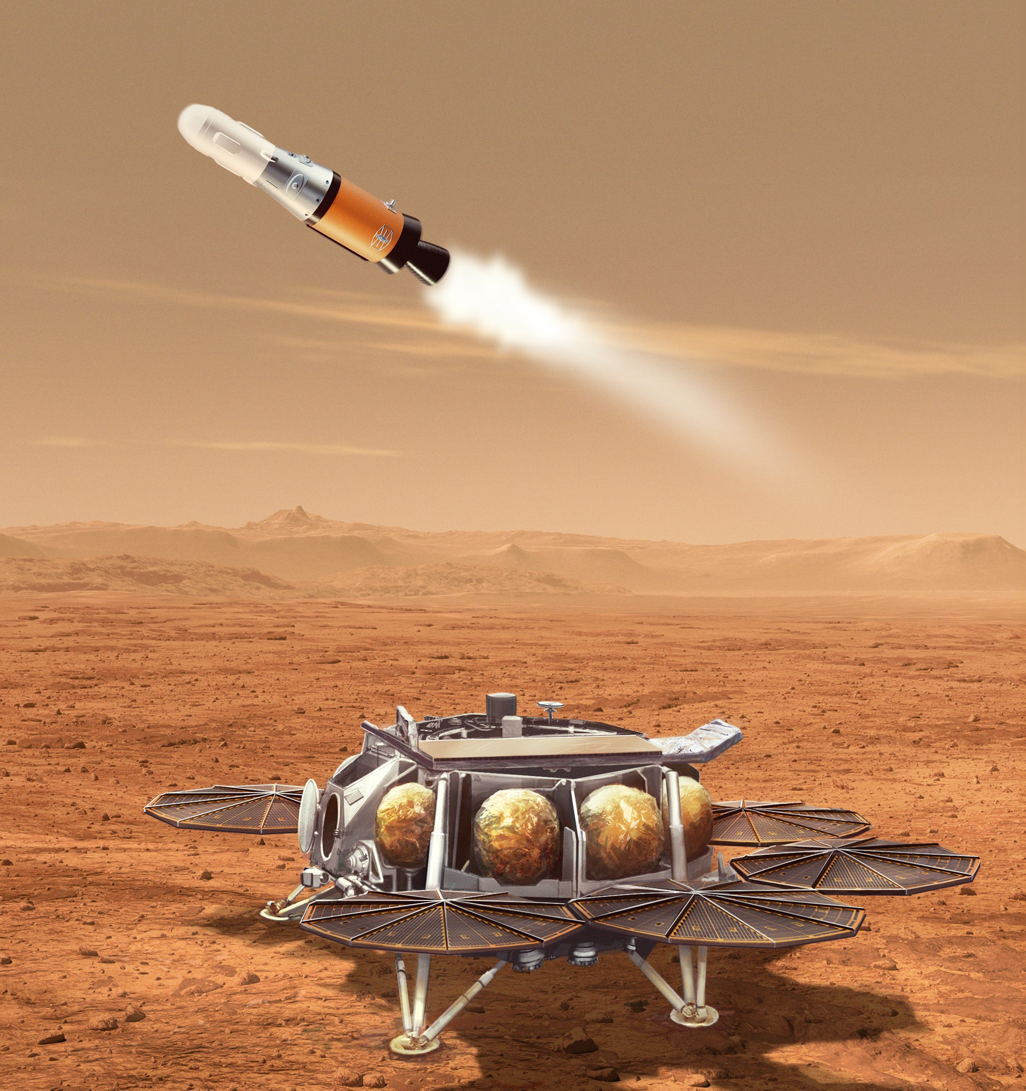 This illustration shows a concept for a proposed NASA rocket and lander assembly that would play a key role in returning Earth samples of Martian material collected by the rover.  This sample retrieval probe will carry a small rocket (about 10 feet or 3 meters long) called the Mars Ascent Vehicle to the surface of Mars.  After using a robotic arm to load the rover's sealed sample tubes into a container in the rocket's nose cone, the probe will launch the Mars Ascent Rover into orbit around the Red Planet.  The probe and rocket are part of the multi-mission Mars sample return program planned by NASA and the European Space Agency (ESA).  The program will use several robotic vehicles to pick up and transport sealed tubes containing Martian samples already collected by NASA's Persistent Probe, for transport to laboratories on Earth.