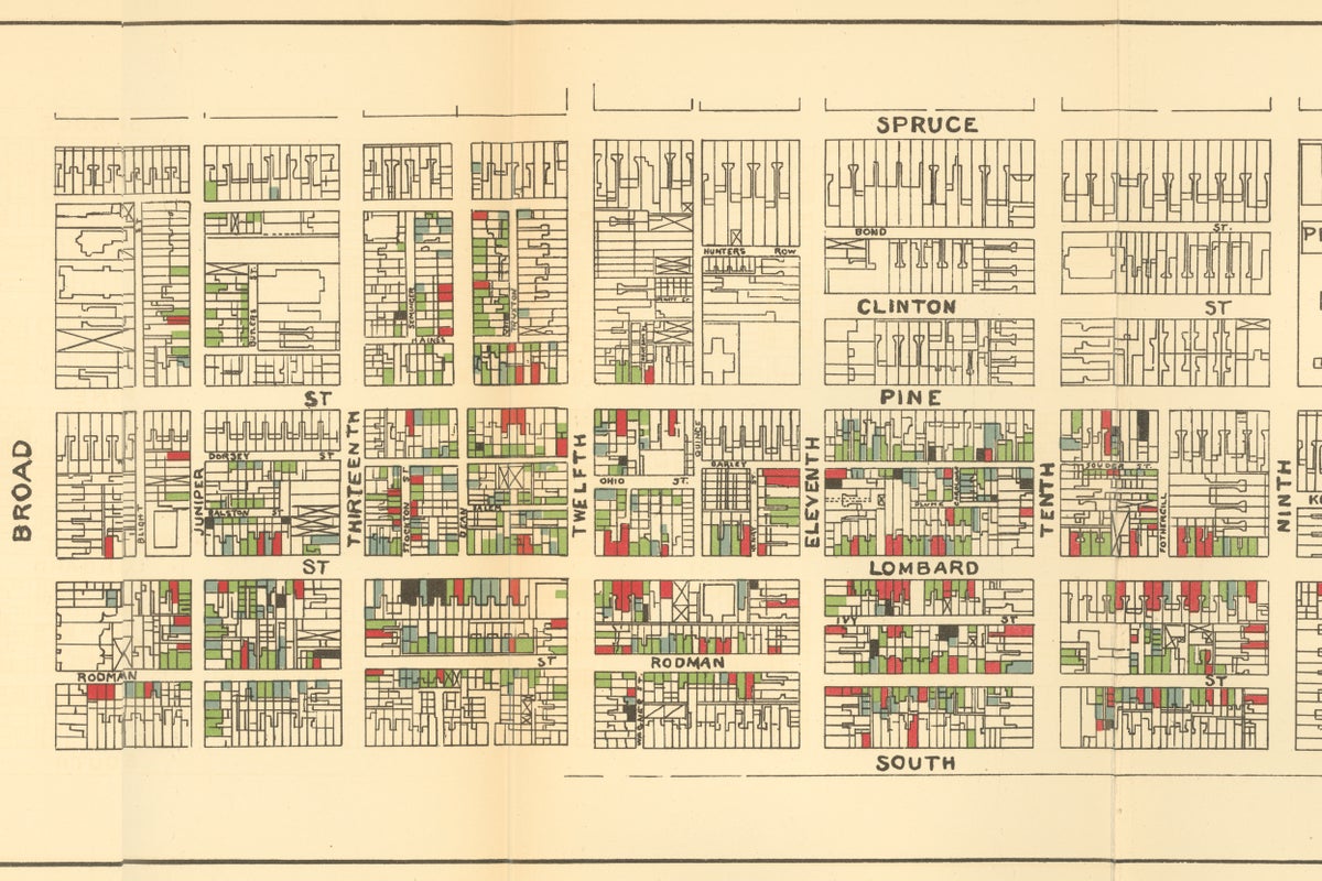 Distribution of Black people in Philadelphia’s Seventh Ward and their “social condition” in 1899 by W.E.B. Du Bois.