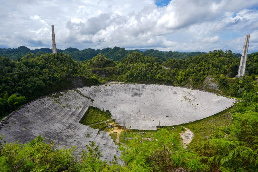The jungle surrounding Arecibo is slowly claiming what’s left of the facility’s 305-meter-wide dish.