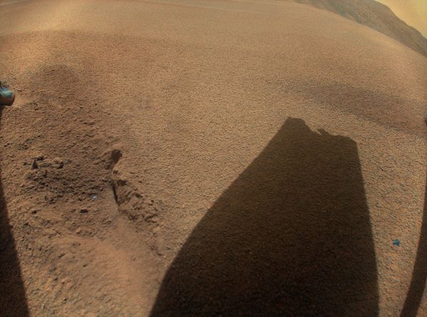 Después de su vuelo número 72 el 18 de enero de 2024, el helicóptero Ingenuity Mars de la NASA capturó esta imagen en color que muestra la sombra de una pala de rotor dañada durante un aterrizaje brusco.