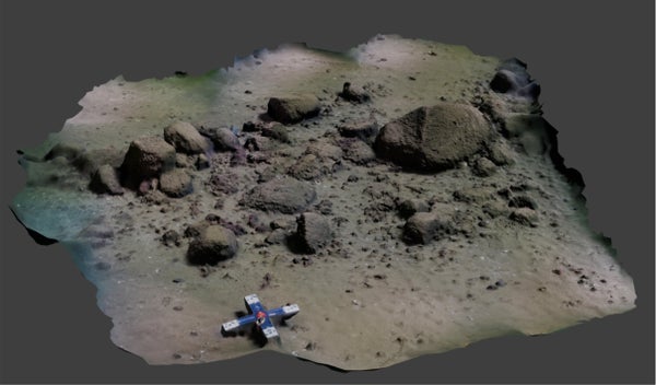 Modelo 3D de un pequeño tramo del muro de piedra. La escala en la parte inferior de la imagen mide 50 cm.