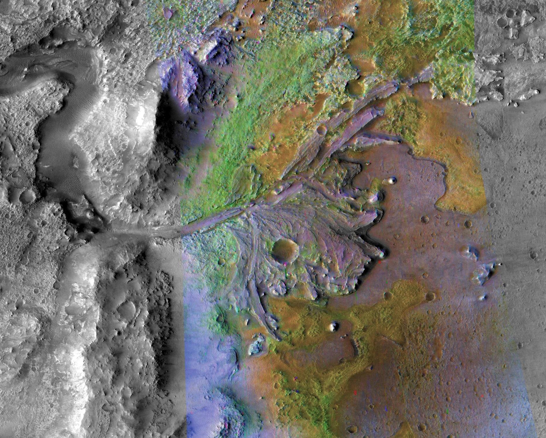 A false-color satellite image of Jezero Crater