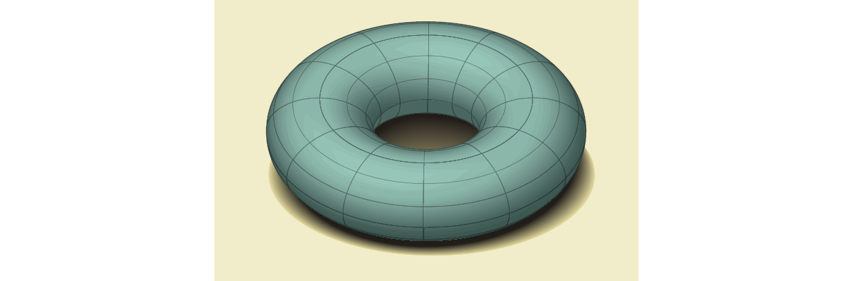 Drawing of a dimensional torus appears similar to a blue doughnut sitting on a tan tabletop. 