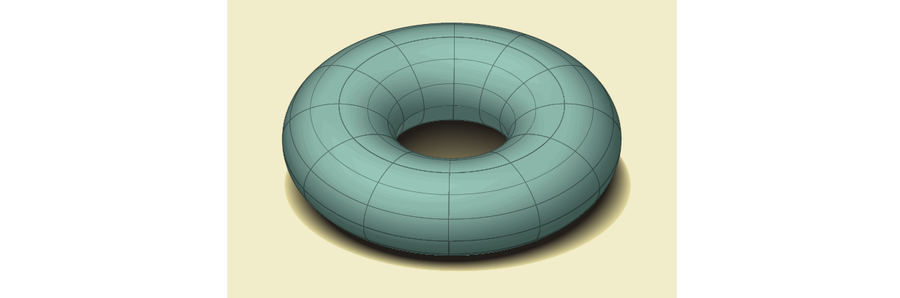 Drawing of a dimensional torus appears similar to a blue doughnut sitting on a tan tabletop. 