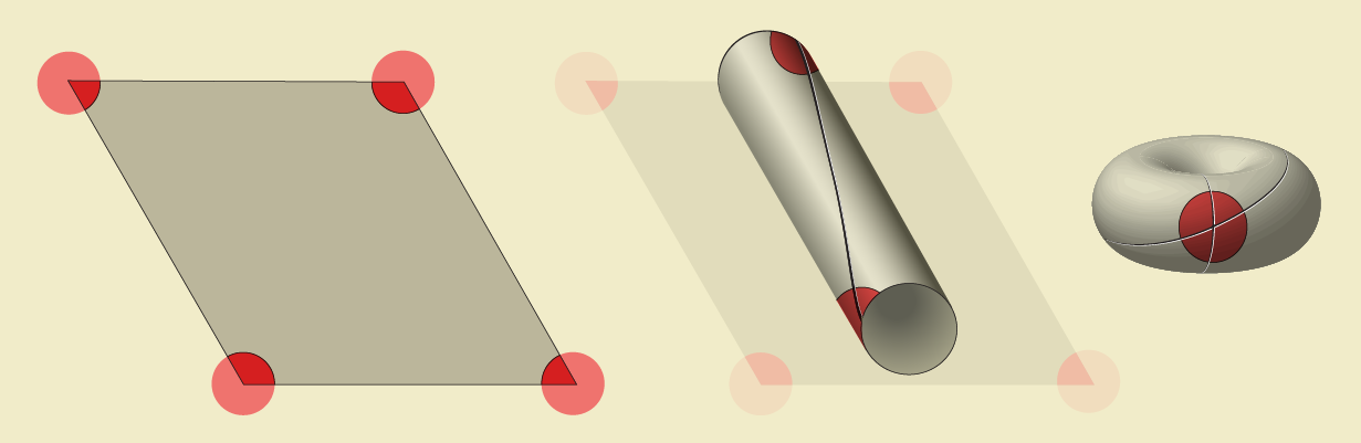 Parallelogram with a dot at each of 4 corners is rolled, forming a tube with 2 dots. Tube is curved into a torus with 1 dot.