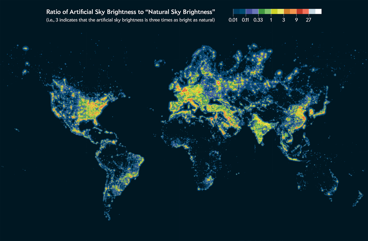 World map color coded by level of artificial sky brightness. Some cities have a sky brightness more than 27 times as natural.