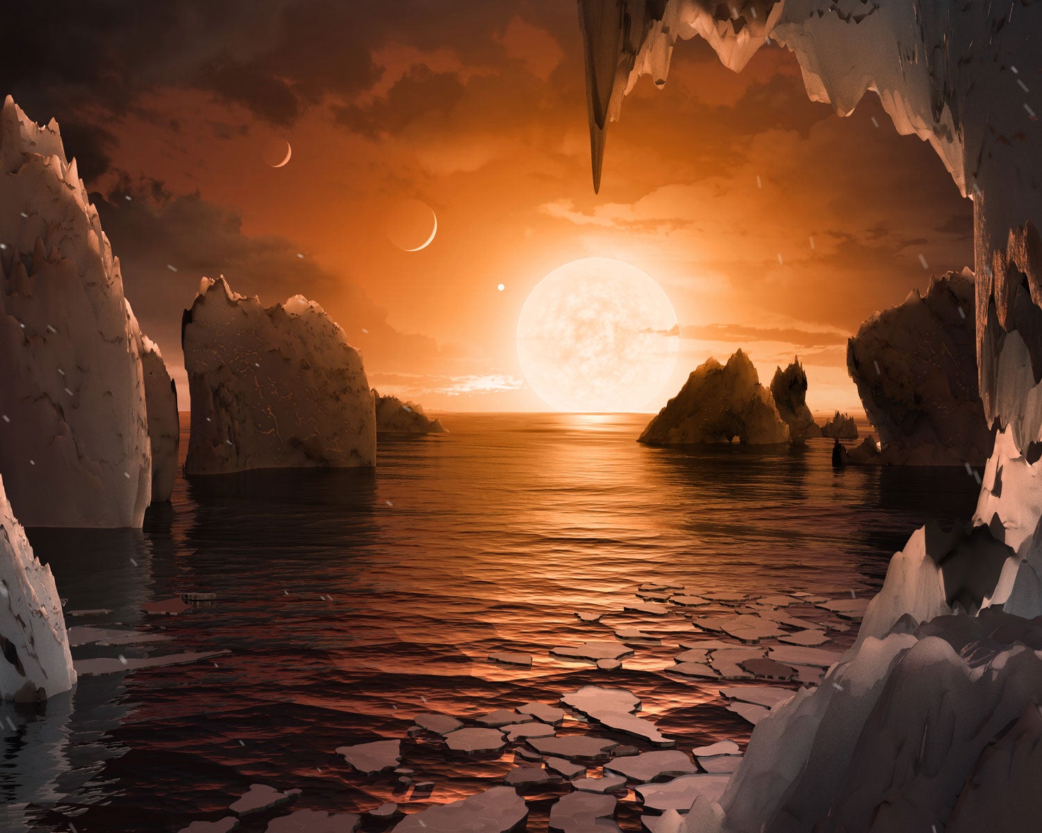 Artist's on the surface of the exoplanet TRAPPIST-1f, located in the TRAPPIST-1 system in the constellation Aquarius.