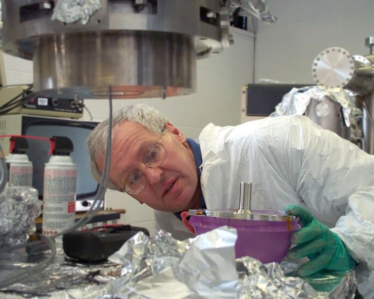 Ondrej installing the Nion MarkII aberration corrector on the SuperSTEM1 instrument in Cambridge, prior to the microscope being move to the SuperSTEM Laboratory