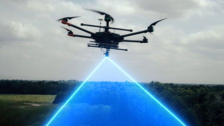 A drone hovers in frame with an animated blue ray beam extending downward