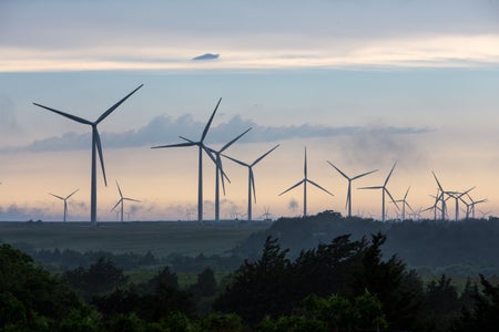 Wind turbines at sunset in Oklahoma.