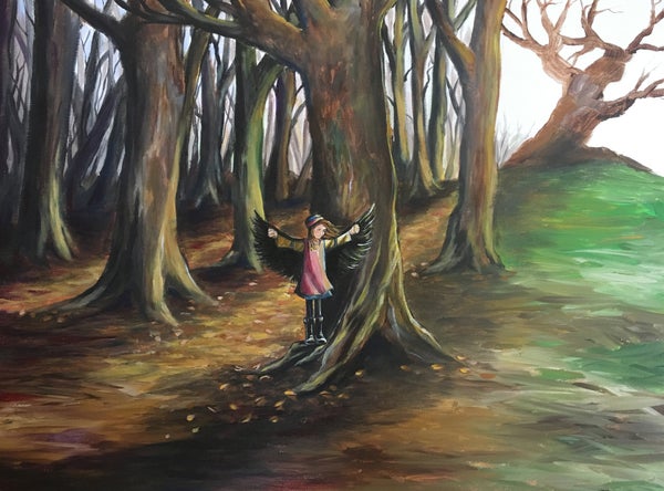 Painting depicting young girl with winged cape, standing under trees.