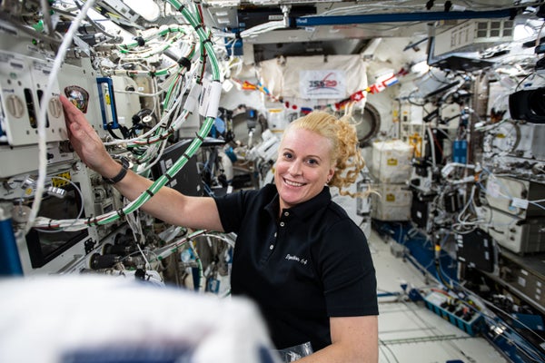 NASA astronaut Kate Rubins works aboard the International Space Station.