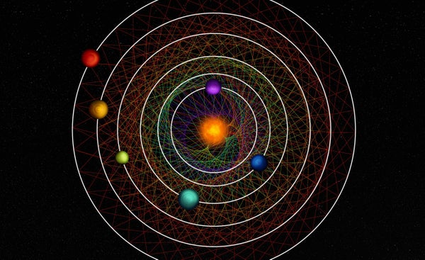 Tracing a link between two neighbour planets at regular time intervals along their orbits, creates a pattern unique to each couple. The six planets of the HD110067 system together create a mesmerising geometric pattern due to their resonance-chain.