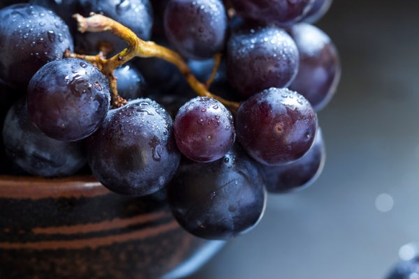 A close-up of black grapes in a bowl.