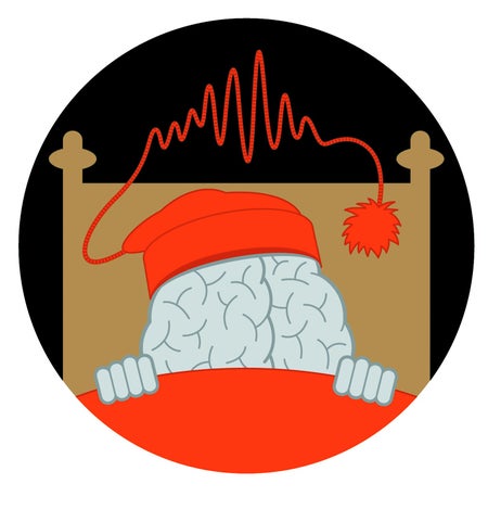 Illustration of a brain lying in bed and wearing a night cap with a tassel that abstractly represents EEG spikes.