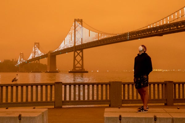 A man wearing a mask looks up into an orange sky, with the Golden Gate Bridge in the background.