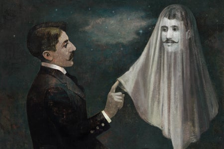 Illustration of a old-timey man with a mustache wearing a suit sitting, touching a ghost with a human face