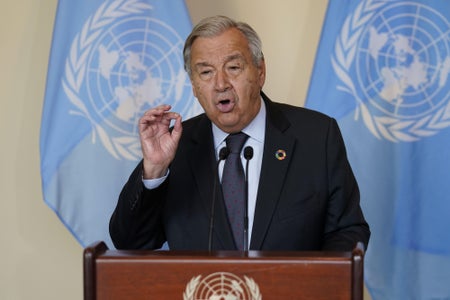 Antonio Guterres, Secretary General of the United Nations, speaks to reporters