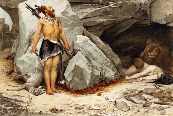 A bearded man in a loincloth screams in despair as he comes home to his cave to find his wife killed by a lion.