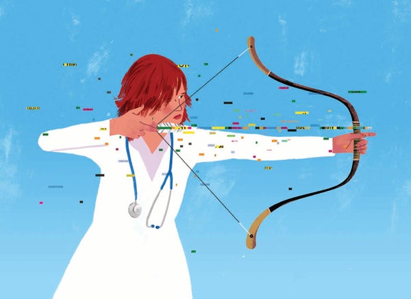 Illustration of a doctor in a white lab coat, using a bow and arrow.