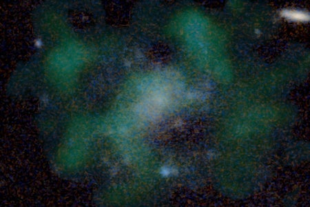 The galaxy AGC 114905, with stars shown in blue and hydrogen gas shown in green.