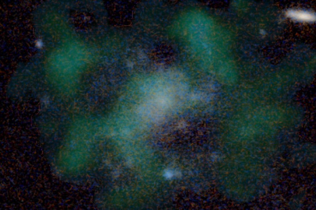 The galaxy AGC 114905, with stars shown in blue and hydrogen gas shown in green.