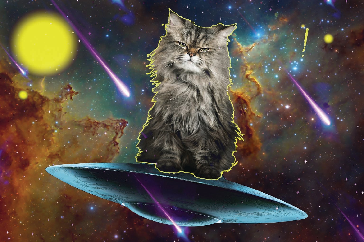 Composite image of cat in space on flying saucer.