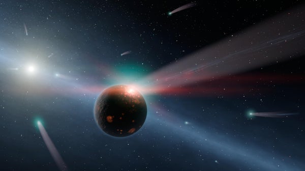an artist's rendition of a swarm of comets around the star Eta Corvi