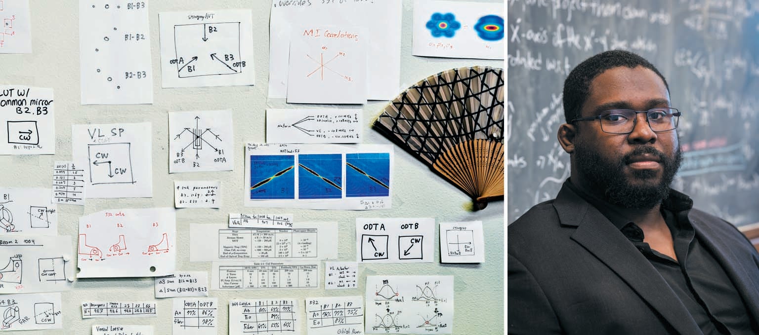 Notes and diagrams pinned on a board. Portrait of Charles Brown.