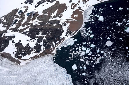 An aerial view of Antarctica and sea ice