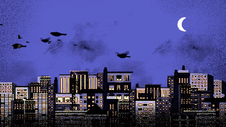 An illustrated scene of a city skyline with birds migrating over it