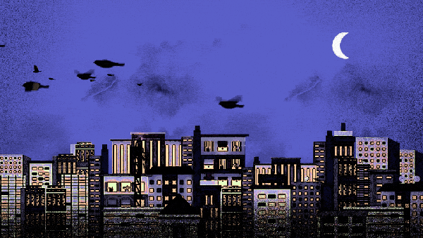 An illustrated scene of a city skyline with birds migrating over it