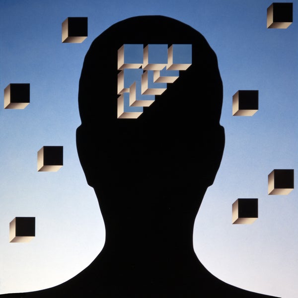 Graphic with head silhouette and small cubes extracted from center of and floating around head