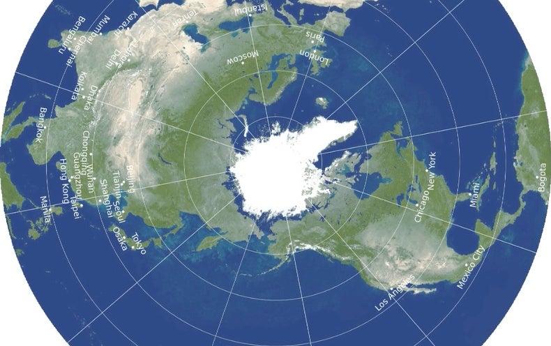 map showing distance across the flat earth