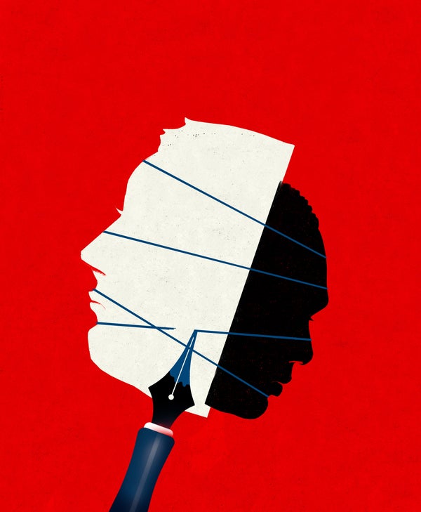 Illustration of a white face and a black face against a red background, with a pen drawing lines over the white face..