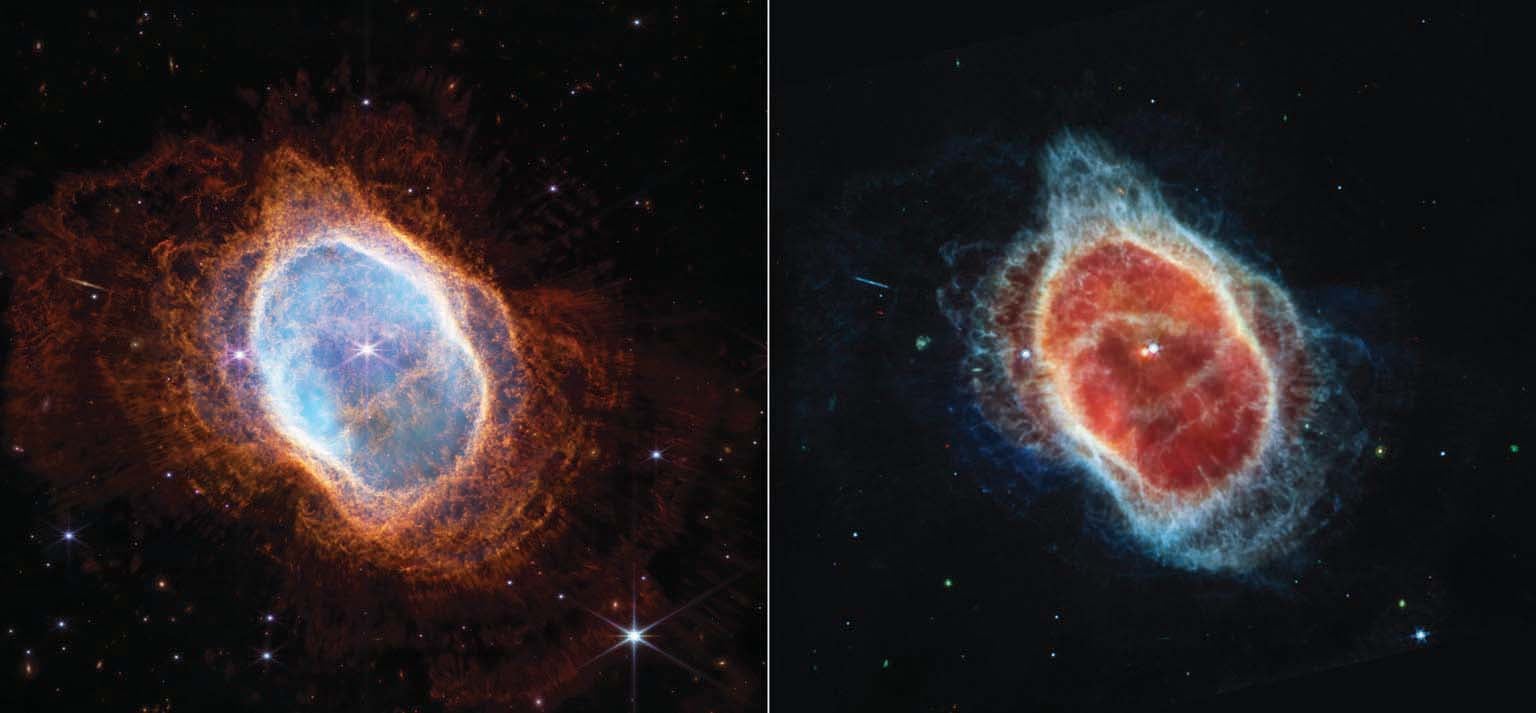 A side-by-side comparison shows JWST’s detailed observations of the Southern Ring Nebula in near-infrared light (left) and mid-infrared light (right).