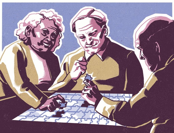 Illustration of three elderly people doing a puzzle.