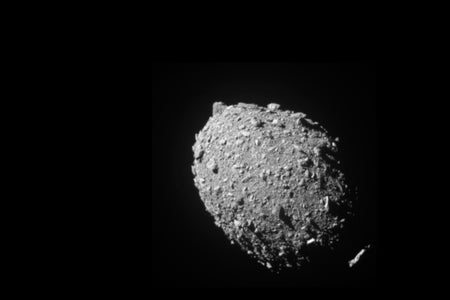 An image of the asteroid Dimorphos as seen by NASA's DART spacecraft