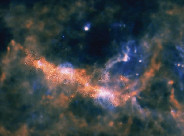A photograph of G47 galaxy shown in blue, yellow and red.