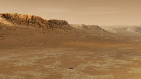 Artist's conception of NASA's Perseverance rover exploring Jezero Crater.