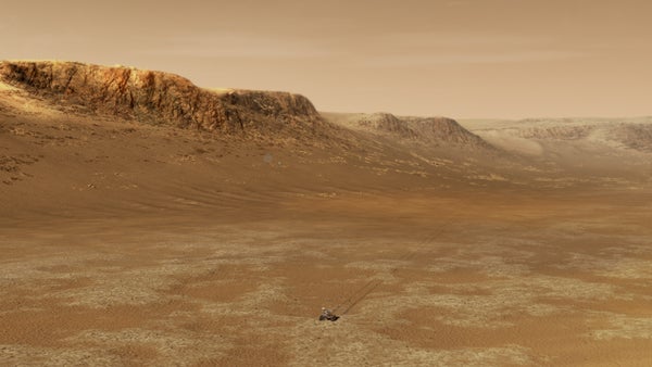 Artist's conception of NASA's Perseverance rover exploring Jezero Crater.