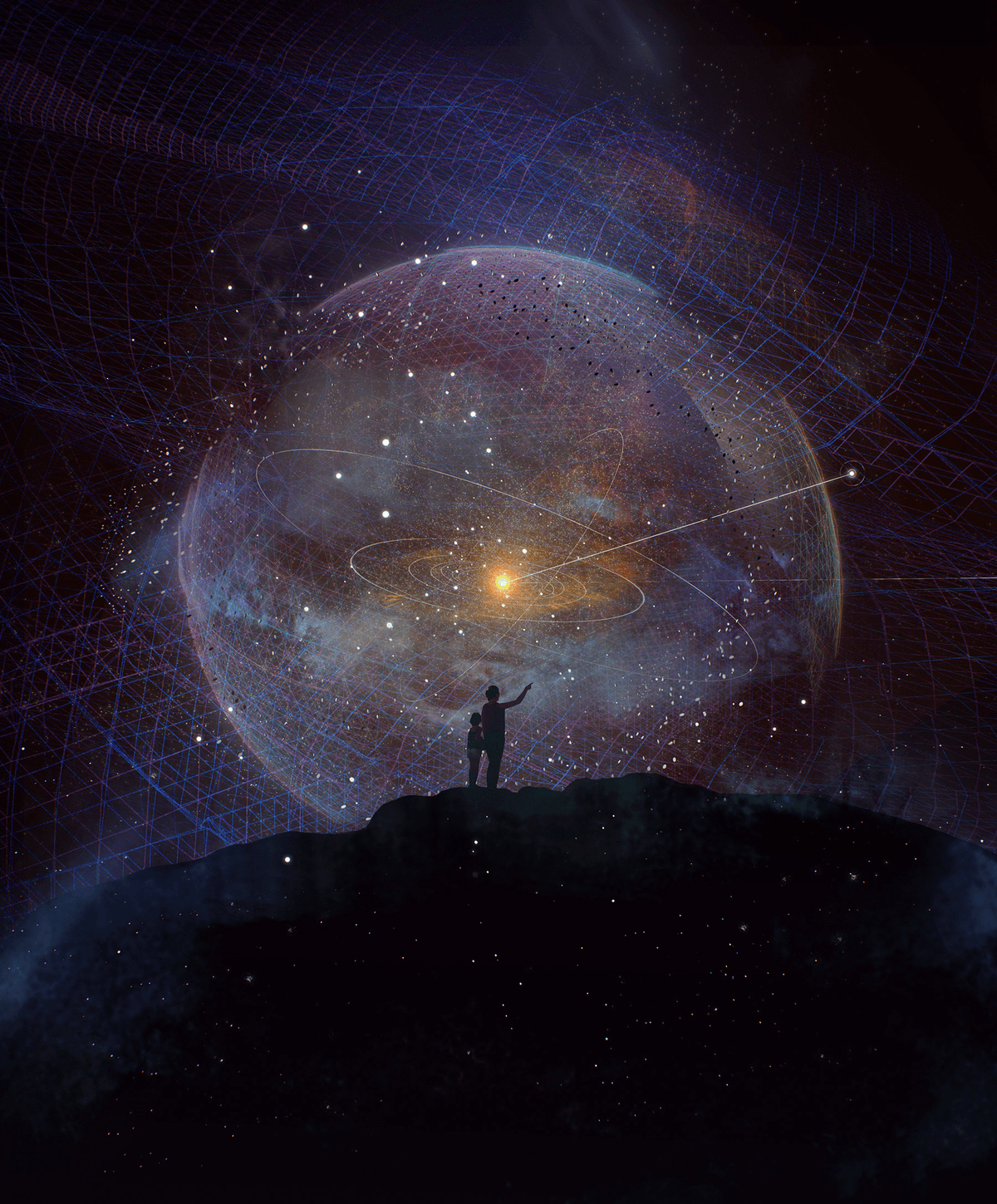 An artist's illustration of a spacecraft's escape trajectory from our solar system into interstellar space.